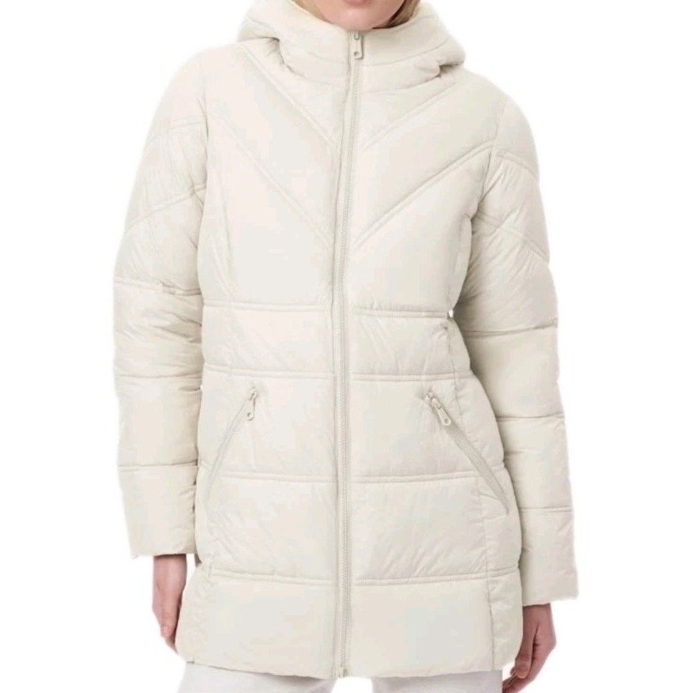 Bernardo Women's Hooded Puffer‎ Long Coat Jacket Cream Beige Eggshell Size 2XL